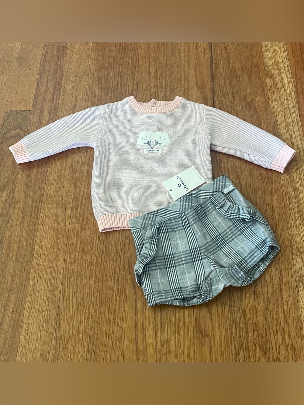 Mayoral Pink Knit Sweater with Tree Applique and Bubble Ruffles Short Set